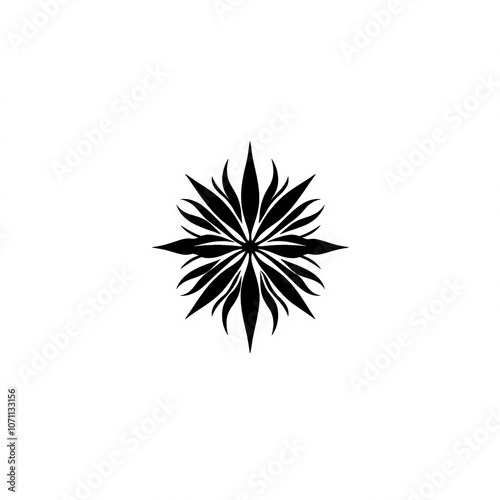 A stylized black star or flower design featuring pointed elements radiating outward, set against a white background.