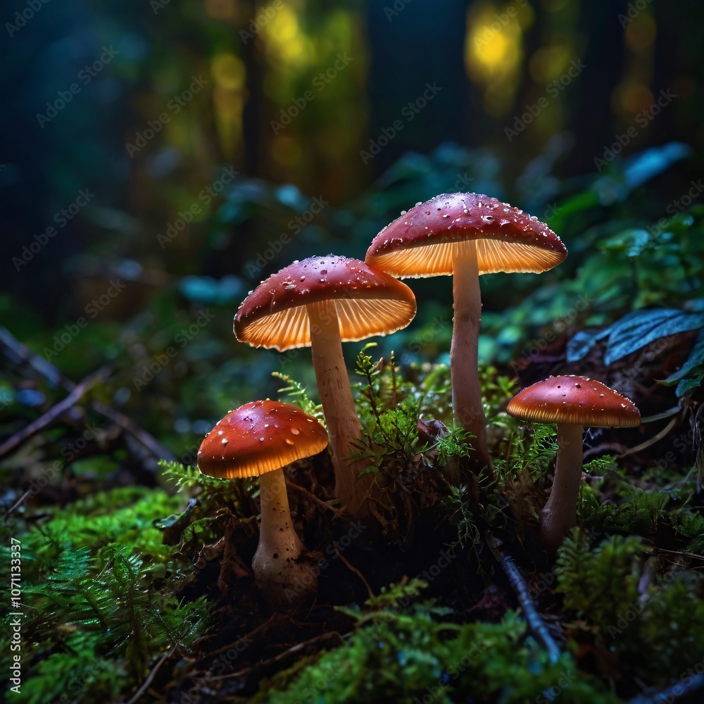 fairy forest in the middle of the night, there are very beautiful mushrooms, macro shot, colorful details, natural light, amazing composition.