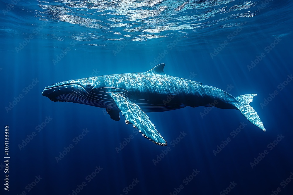 A humpback whale swims gracefully through the clear blue water, sunlight streaming down from above. A humpback whale swims gracefully through the clear blue water, sunlight streaming down from above.