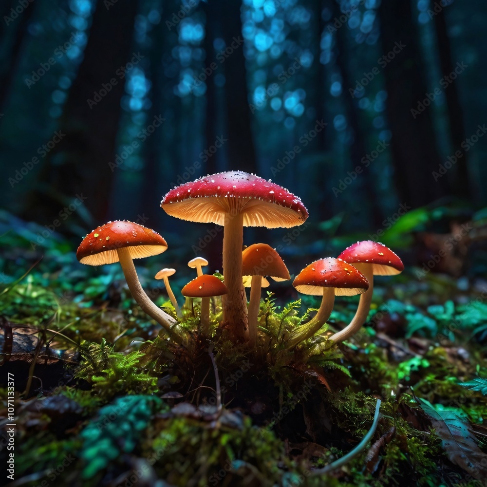 Fototapeta premium fairy forest in the middle of the night, there are very beautiful mushrooms, macro shot, colorful details, natural light, amazing composition.