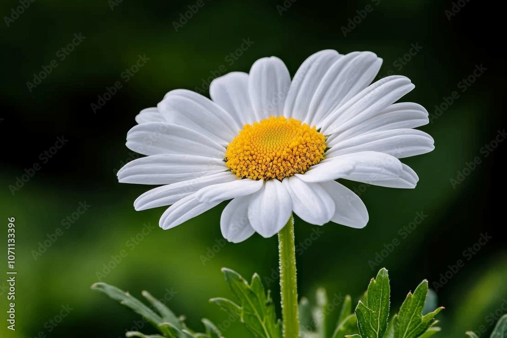 Fototapeta premium Close-up of a daisy in a green meadow, with delicate white petals and a yellow center