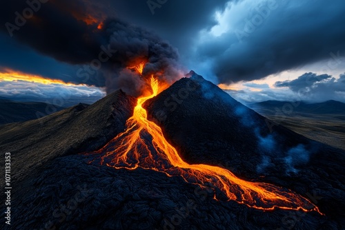 Close-up of Earthâ€™s volcano with molten lava flowing down the side and dark volcanic rock