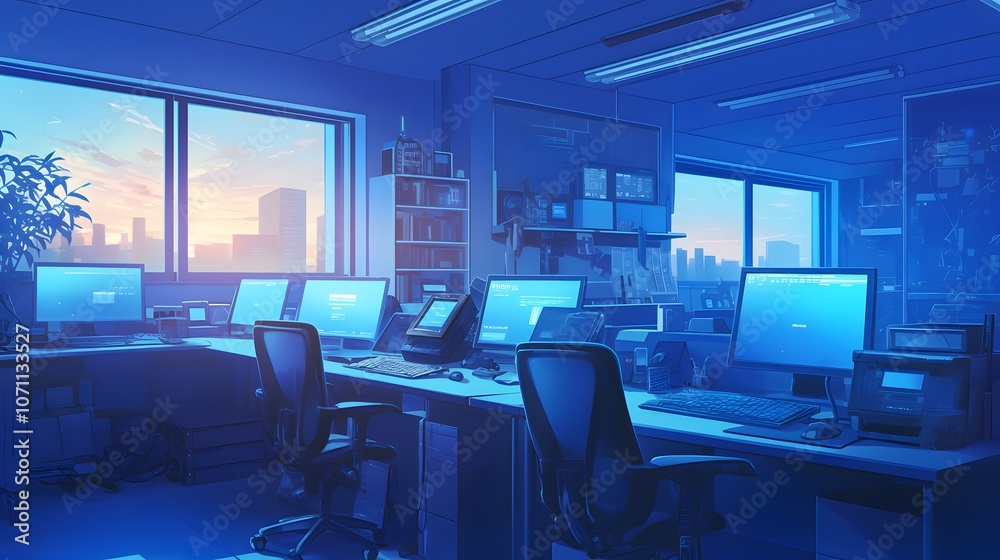 Computer lab with organized workstations, anime style with gentle lighting for a calm and focused workspace. Computer lab with organized workstations, anime style with gentle lighting for a calm and focused workspace.