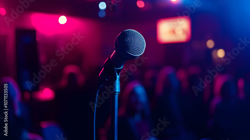Live Comedy Club: A dynamic shot of a comedian on stage with a captivated audience laughing, capturing the energy of a live performance.Generated with AI 