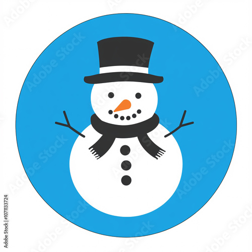 A cheerful snowman with a black hat and scarf stands against a bright blue background, embodying the spirit of winter and the holiday season.