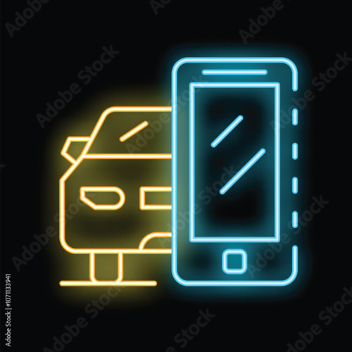 Neon glowing icon of a smartphone with a car sharing app interface for renting a vehicle on a digital platform