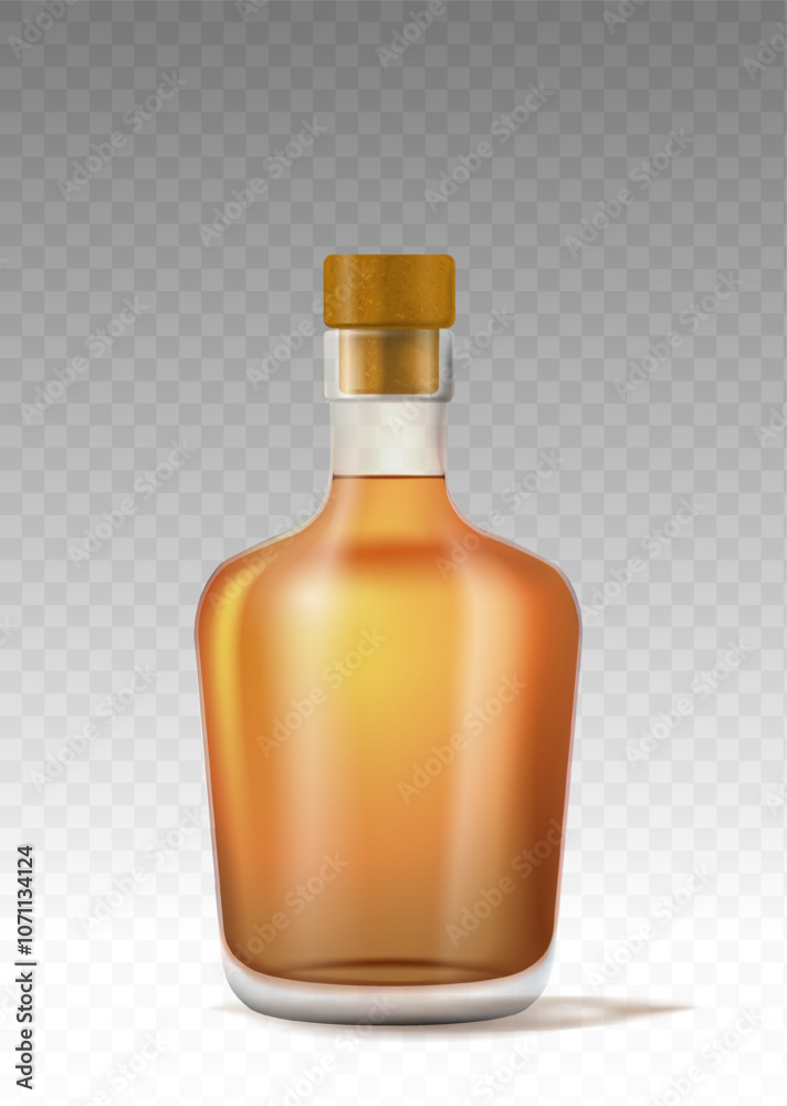 Realistic alcohol bottle. Alcoholic package. Menu for pub or bar. Bottle for brandy or cognac, liquor. Template and layout. 3D vector illustration Realistic alcohol bottle. Alcoholic package. Menu for pub or bar. Bottle for brandy or cognac, liquor. Template and layout. 3D vector illustration