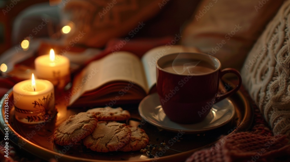 A closeup shot of a candlelit tray with a book propped open a mug of steaming tea and a plate of homemade cookies. A closeup shot of a candlelit tray with a book propped open a mug of steaming tea and a plate of homemade cookies.