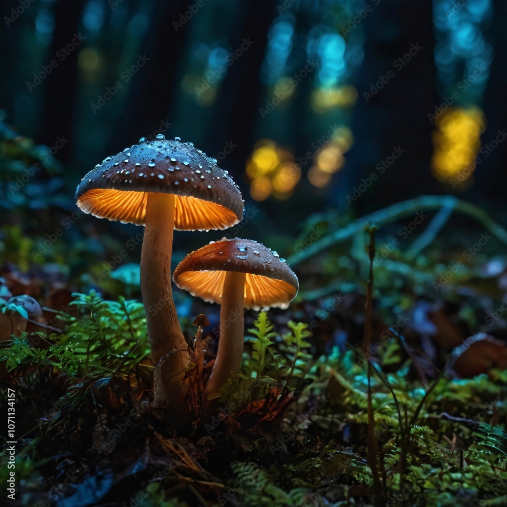 Fototapeta premium fairy forest in the middle of the night, there are very beautiful mushrooms, macro shot, colorful details, natural light, amazing composition.
