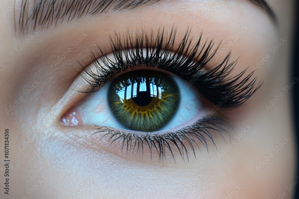 Obraz premium Detailed shot of an eye looking upwards, with soft natural lashes and detailed skin textures