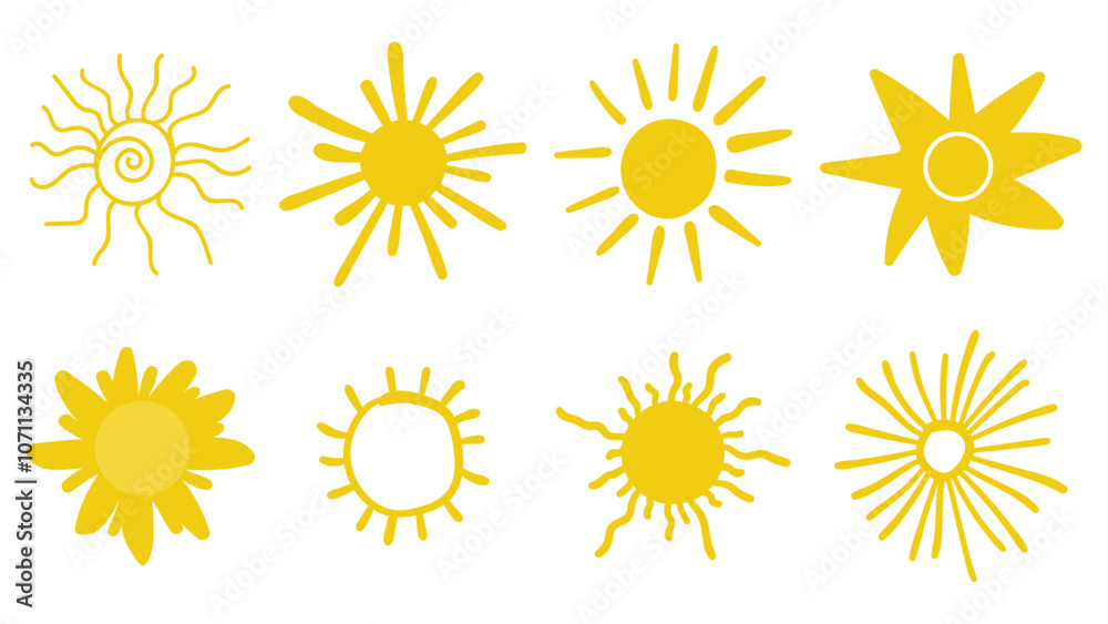 Cute doodle sun shining set isolated on white background. Cute doodle sun shining set isolated on white background.