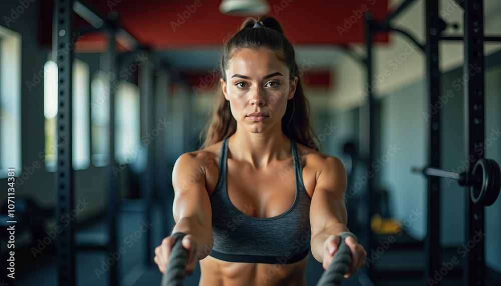 Woman Working Out with Ropes in Gym Woman Working Out with Ropes in Gym