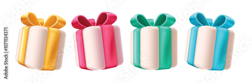 Gifts birthday vector set design. Birthday gift boxes in yellow, red, green and blue ribbon bow tie for party celebration elements collection. Vector illustration 3d gift box set. 
