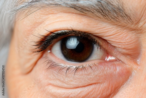 Eye of an elderly person, with details of wrinkles, lashes, and a reflective, wise gaze