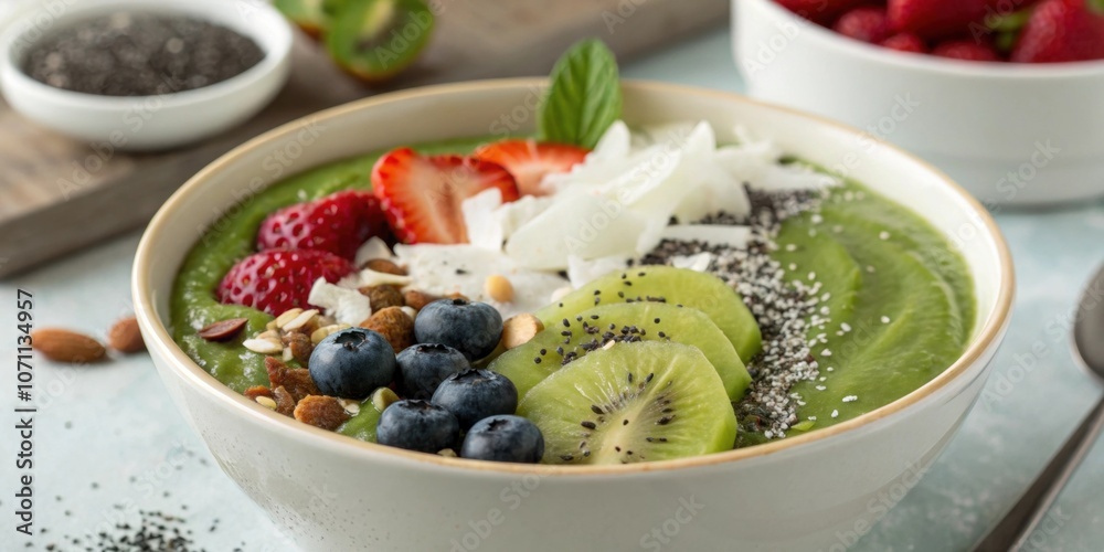 A closeup of a smoothie bowl its surface smooth and vibrant from blended greens and fruits garnished with chia seeds and coconut flakes. A closeup of a smoothie bowl its surface smooth and vibrant from blended greens and fruits garnished with chia seeds and coconut flakes.