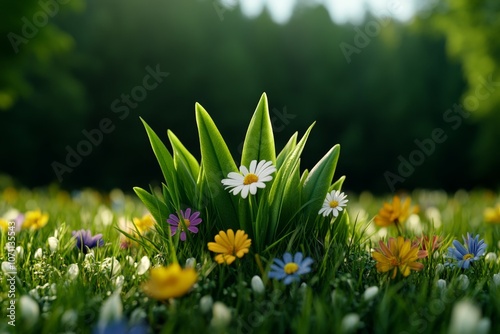 Grass field with colorful wildflowers blooming in spring, with soft light highlighting each blade