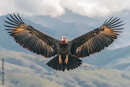 A California Condor soars through the air with its wings spread wide, showcasing its majestic wingspan and powerful physique.