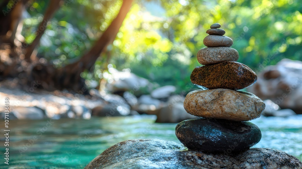 A zen stone stack by a river in a forest setting. A zen stone stack by a river in a forest setting.