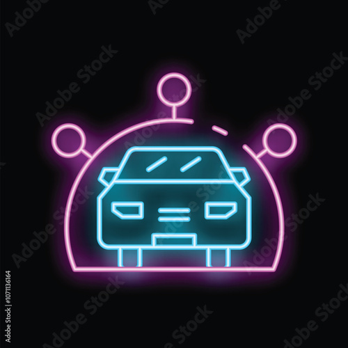 Neon glowing icon of a self driving autonomous driverless car using a sensor network