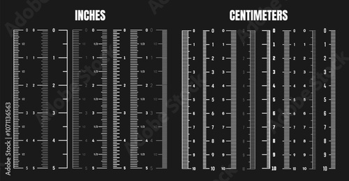 Vertical centimeter and inch scale for measuring length or height. Various measurement scales with divisions. Ruler, tape measure marks, size indicators. Vector illustration