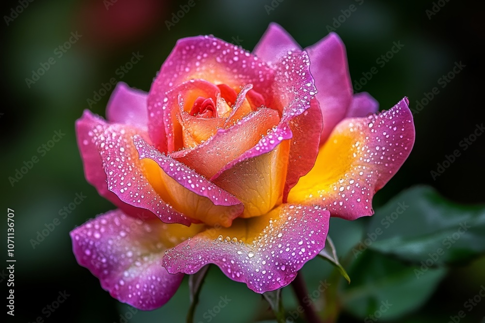 Realistic close-up of a blooming rose with dew drops, showing intricate petal textures and natural colors Realistic close-up of a blooming rose with dew drops, showing intricate petal textures and natural colors