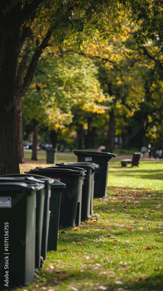 Row of garbage bins standing in green public park during autumn Row of garbage bins standing in green public park during autumn