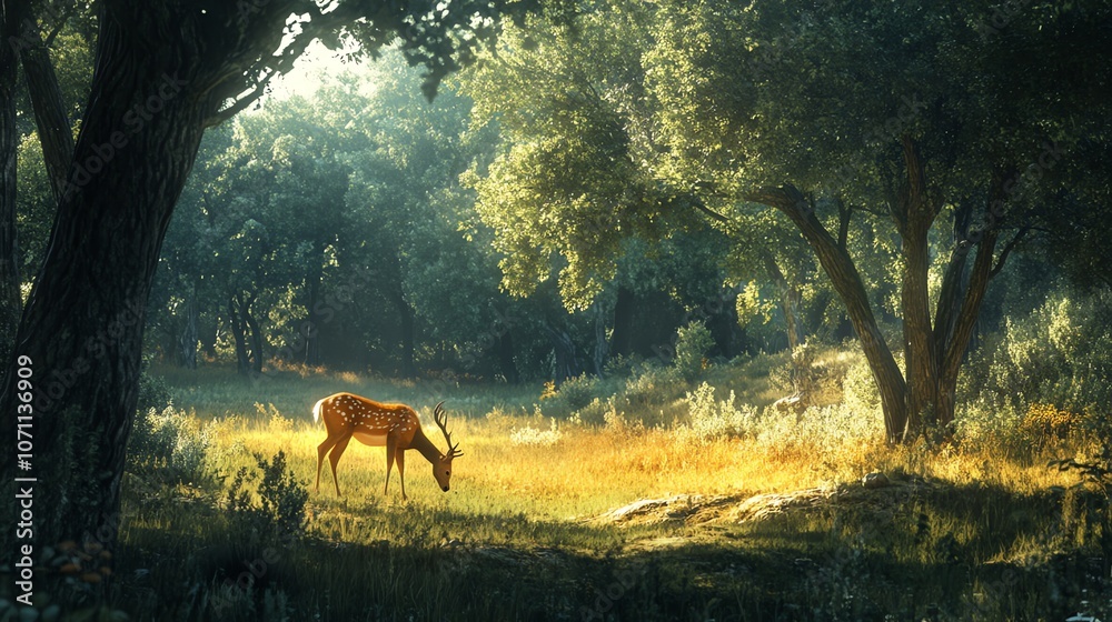 A deer grazes in a sunlit clearing in a lush forest. A deer grazes in a sunlit clearing in a lush forest.
