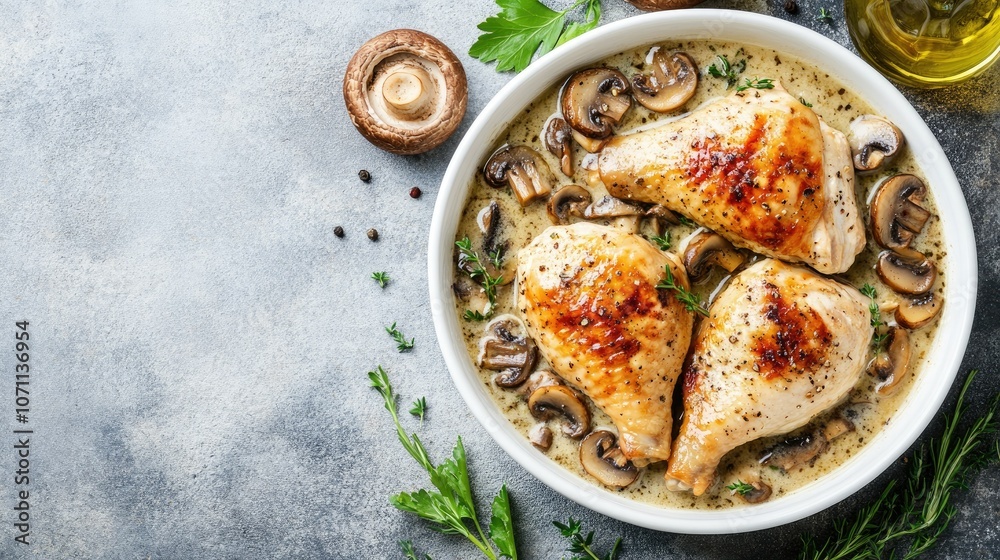 Savory Chicken with Mushrooms and Herbs in Bowl Savory Chicken with Mushrooms and Herbs in Bowl