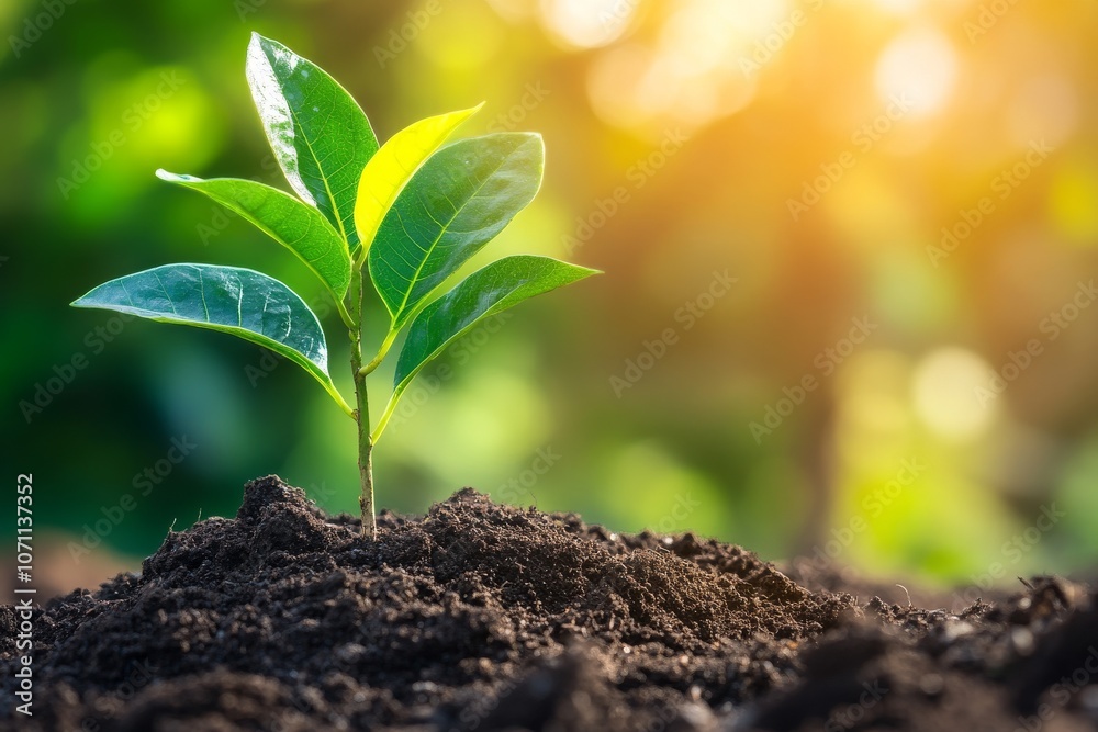 A small green sapling plant grows out of the soil in the sunshine A small green sapling plant grows out of the soil in the sunshine
