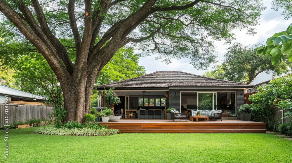 Serene Backyard Oasis with Lush Greenery and Deck Serene Backyard Oasis with Lush Greenery and Deck