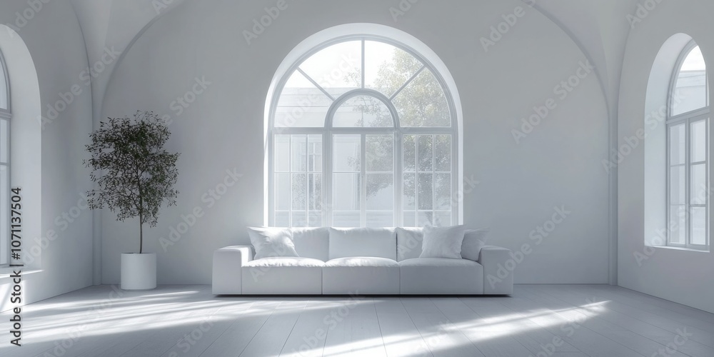 Spacious and Modern Interior with Arched Ceiling and Large Windows Spacious and Modern Interior with Arched Ceiling and Large Windows