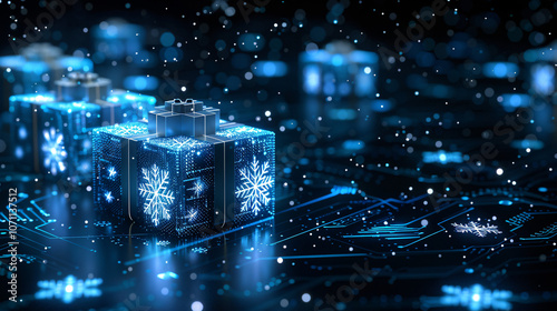 A futuristic scene of glowing blue presents with snowflakes, surrounded by a digital circuit background, evoking a wintry holiday atmosphere.