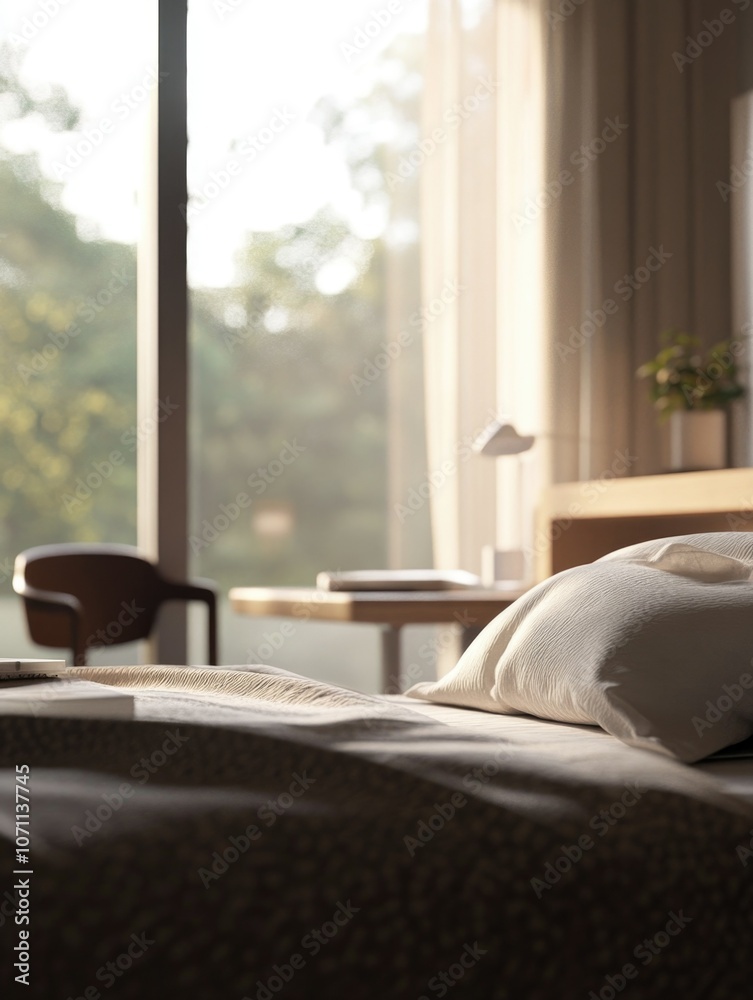Fototapeta premium Tranquil Modern Hotel Room with Large Windows
