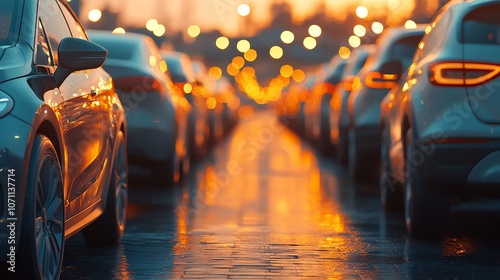 A line of cars parked on a city street at sunset. The cars are in focus in the foreground, while the street and background are out of focus.