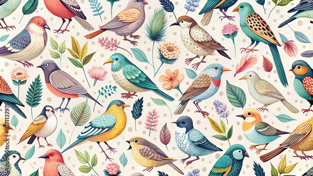 Naklejka premium Seamless Vector Pattern Featuring Delicate Stylized Birds in Pastel Colors on a White Background for Ornithological Textures and Delicate Backgrounds