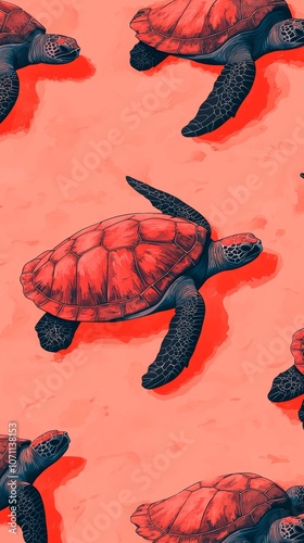 A repeating pattern of sea turtles on a coral background. photo