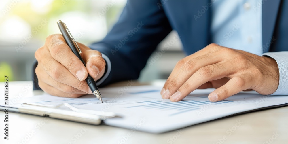 A close-up of a person's hand writing on paper with a pen in a professional setting. A close-up of a person's hand writing on paper with a pen in a professional setting.
