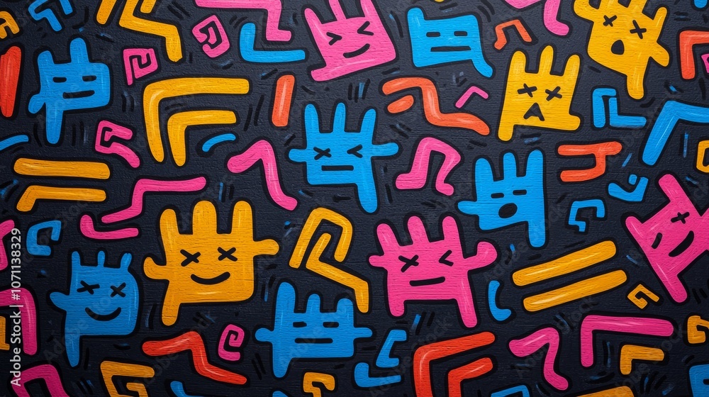 A seamless pattern with colorful abstract figures, lines, and shapes on a dark blue background. A seamless pattern with colorful abstract figures, lines, and shapes on a dark blue background.