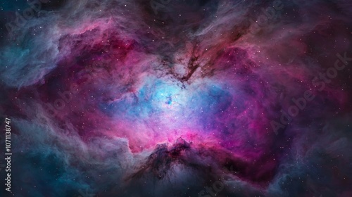 A vibrant nebula with swirls of pink, blue, and purple gas, illuminated by a bright star in the center, against a backdrop of twinkling stars.