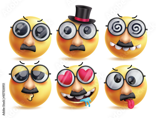 Old man emoji vector characters set. Emojis clip art with mascot wearing mustache and sunglasses in serious, dizzy, funny, kiss, in love and tired facial expressions emoticons character. Vector 