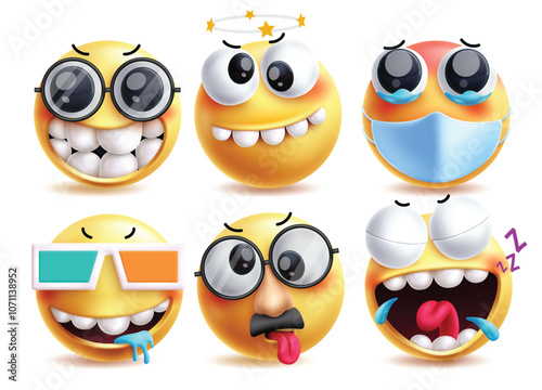 Goofy emoji vector characters set. Emojis 3d yellow character like funny, nerd, dizzy, sick, drooling, tired and laughing clip art facial expressions. Vector illustration goofy icon