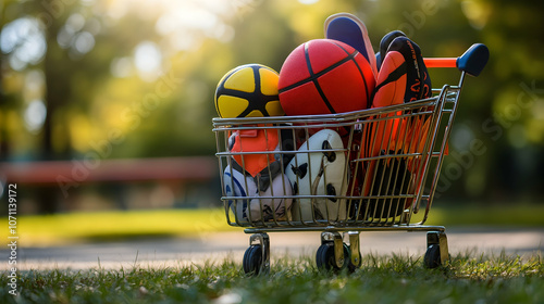 Shopping Cart with Sports Equipment: Mini cart filled with various sports gear.Generated with AI  photo