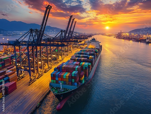 A large cargo ship loaded with colorful shipping containers is docked at a busy port at sunset. The ship is surrounded by cranes and other port equipment, and there are mountains in the distance. photo