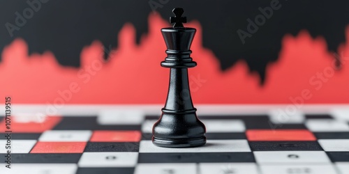 Black chess king on a chessboard with a red and black background, symbolizing strategy and competition. photo