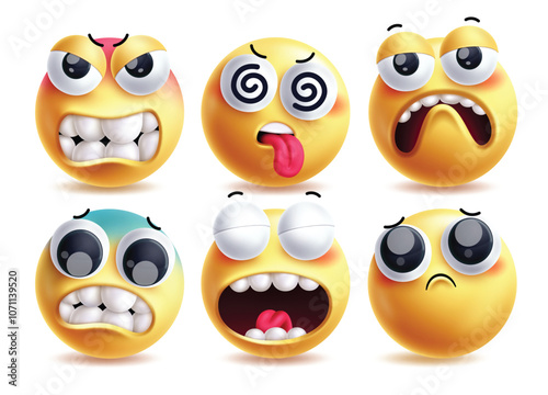 Ugly emoji clipart vector characters set. 3d emojis in unattractive, angry, dizzy, funny, afraid, cry and sad faces clip art in isolated background. Vector illustration ugly emoji collection set.
