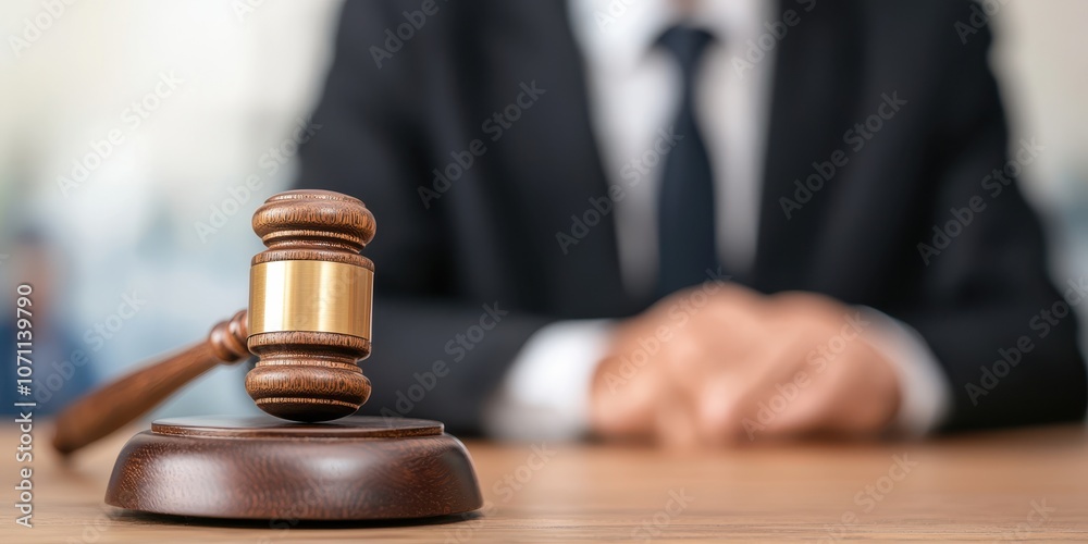 Close-up of a gavel on a wooden desk in a courtroom setting. Close-up of a gavel on a wooden desk in a courtroom setting.