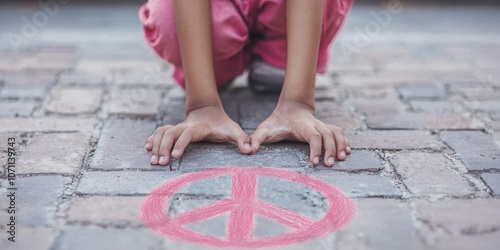 Child creating peace symbol with chalk on pavement, expressing hope and unity.