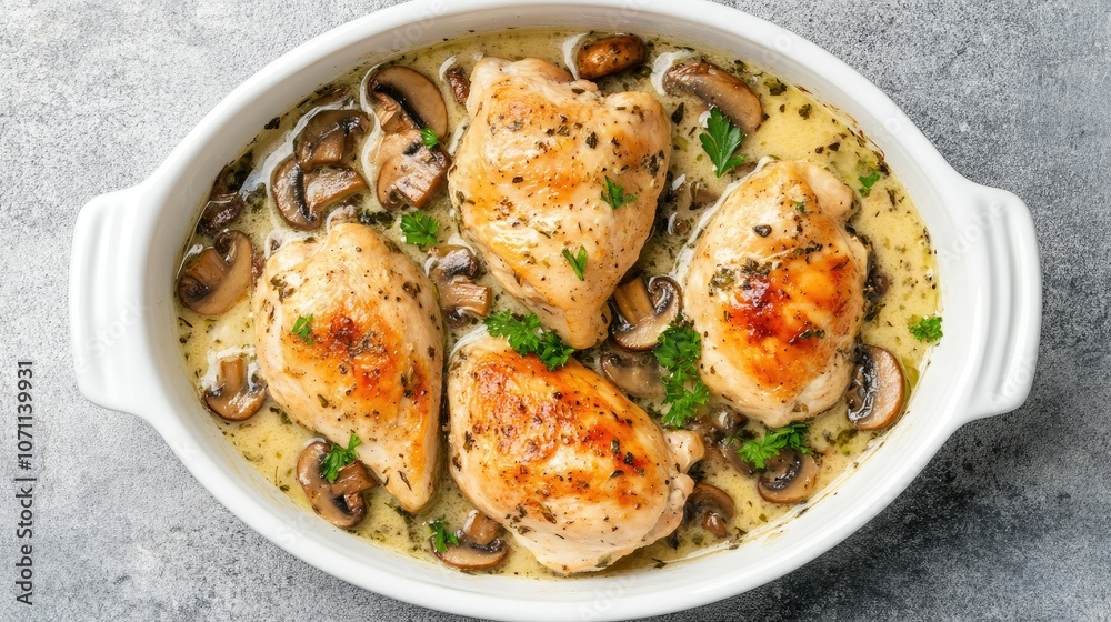 Delicious Chicken with Mushrooms and Herbs in Dish Delicious Chicken with Mushrooms and Herbs in Dish