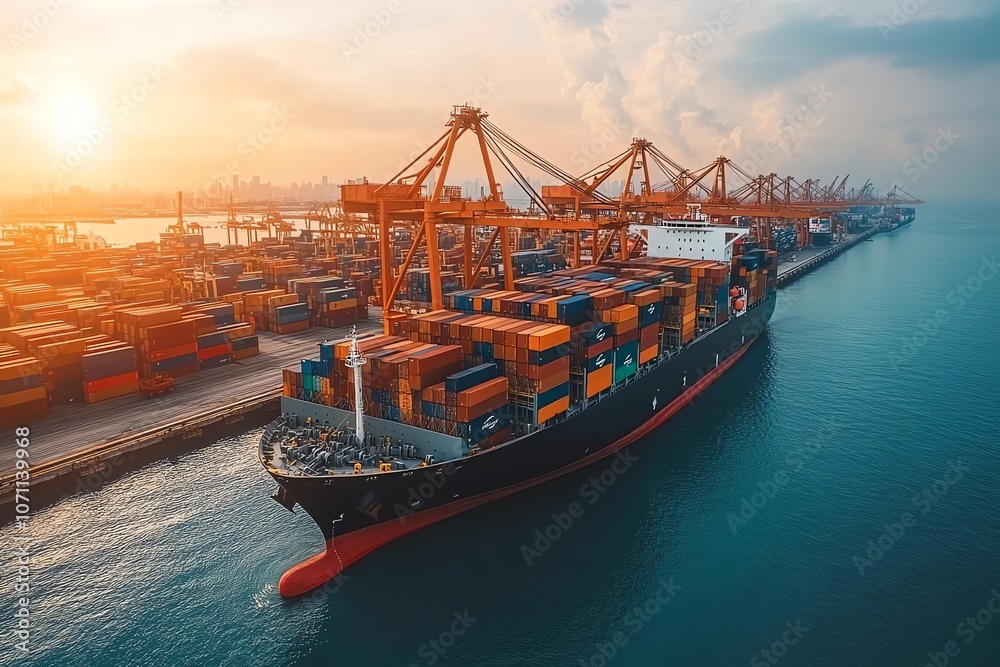 Naklejka premium Large cargo ship docked at a busy port with cranes lifting containers at sunset.