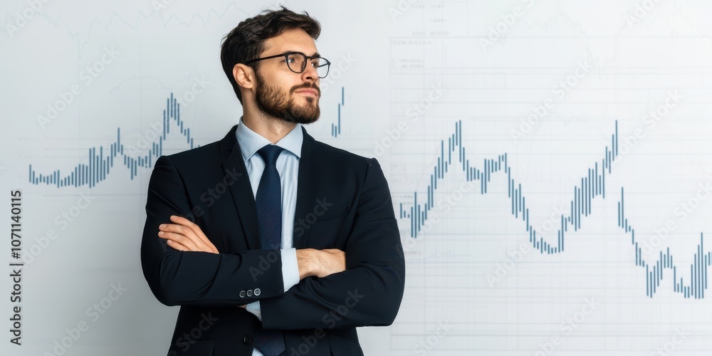 Confident businessman standing with arms crossed, analyzing financial data on a graph background. Confident businessman standing with arms crossed, analyzing financial data on a graph background.